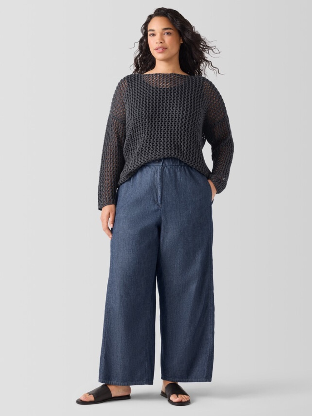 Eileen Fisher Airy Organic Cotton Twill Wide-Leg Pant in Denim— Women’s XL